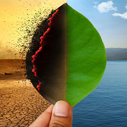 one half of a leaf burning in sun other green with water and sky backdrop