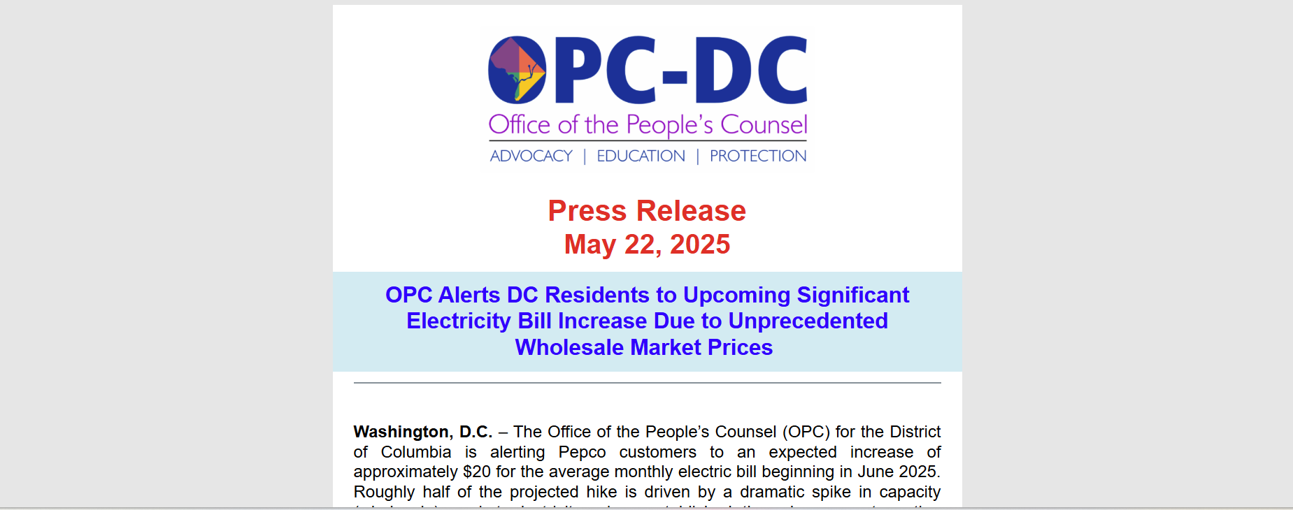 OPC Alerts DC Residents to Upcoming Significant Electricity Bill Increase Due to Unprecedented Wholesale Market Prices