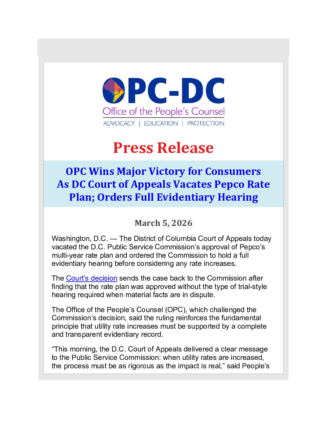 Press Release: OPC Wins Major Decision for Consumers