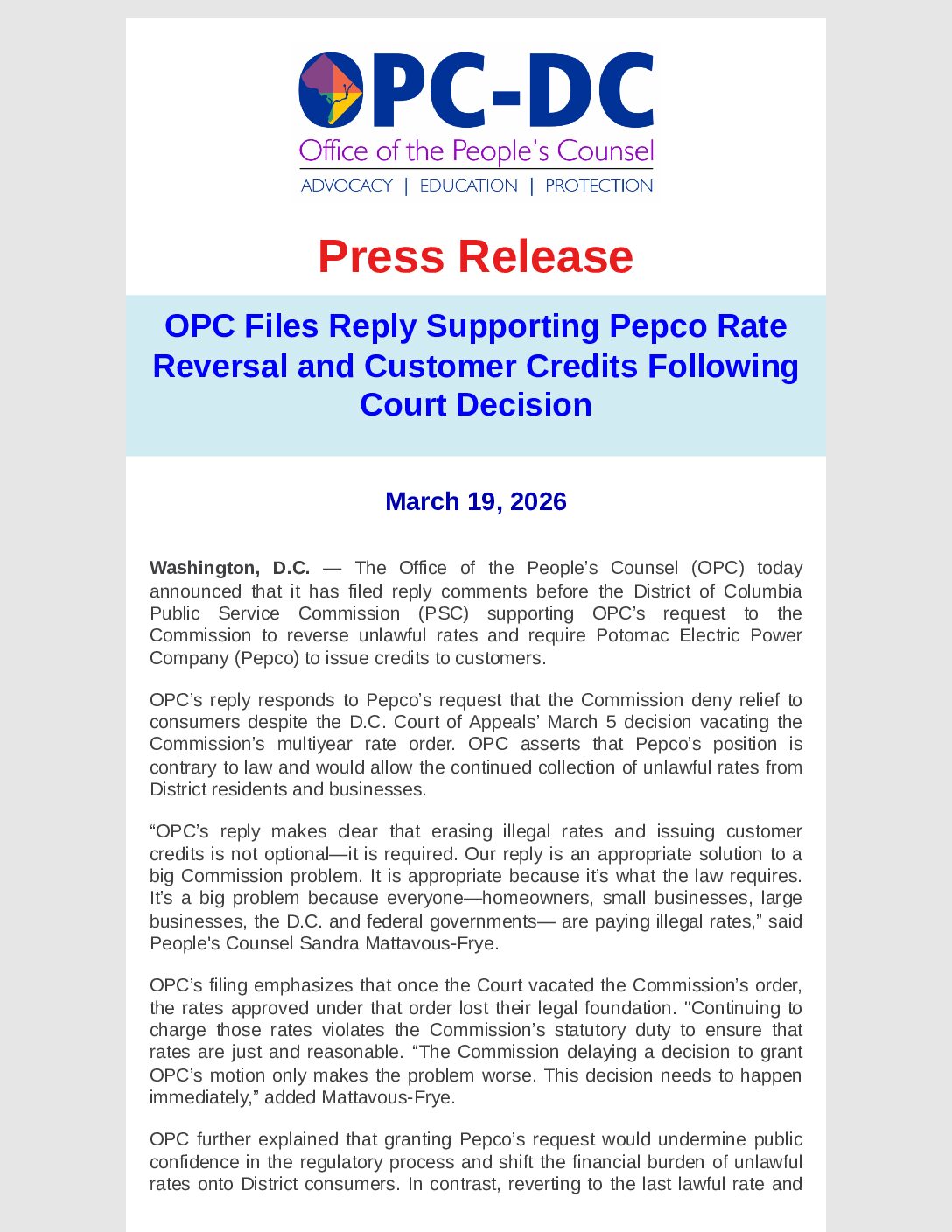 Press Release: OPC Files Reply Supporting Pepco Rate Reversal and Customer Credits Following Court Decision