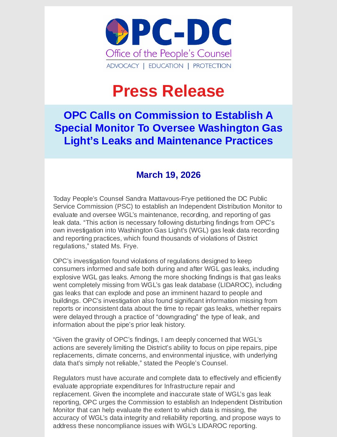 Press Release: OPC Calls on Commission to Establish a Special Monitor To Oversee Washington Gas Light’s Leak and Maintenance Practices