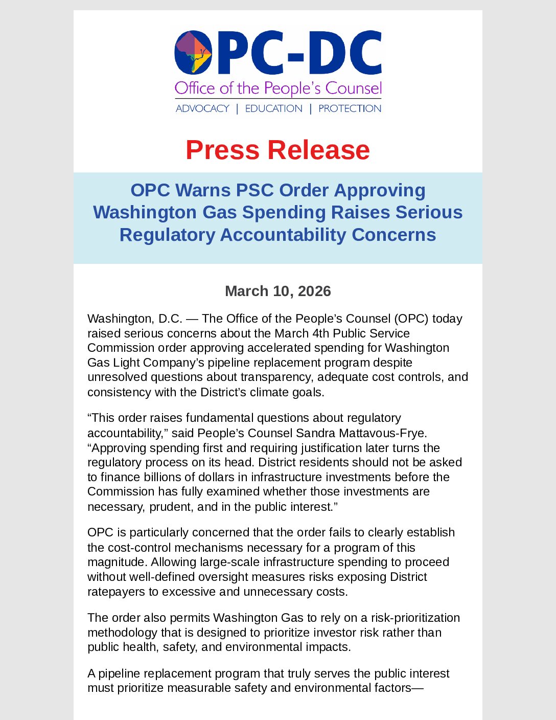 Press Release: OPC Raises Concerns About PSC Order Approving Accelerated Washington Gas Pipeline Spending Without Sufficient Oversight.