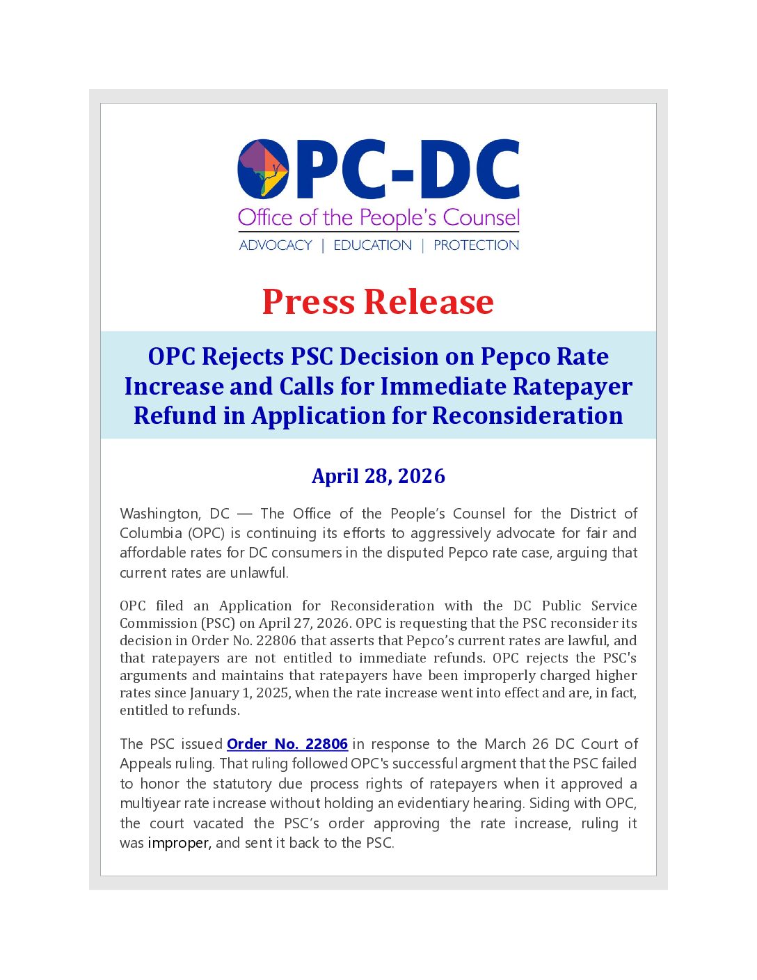 Press Release: OPC Rejects PSC Decision on Pepco Rate Increase and Calls for Immediate Ratepayer Refund in Application for Reconsideration