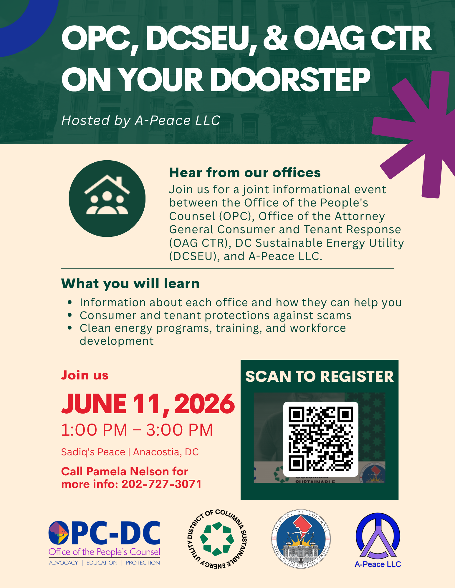 Join us for a joint informational event between the Office of the People’s Counsel (OPC), Office of the Attorney General Consumer and Tenant Response(OAG CTR), DC Sustainable Energy Utility(DCSEU), and A-Peace LLC.