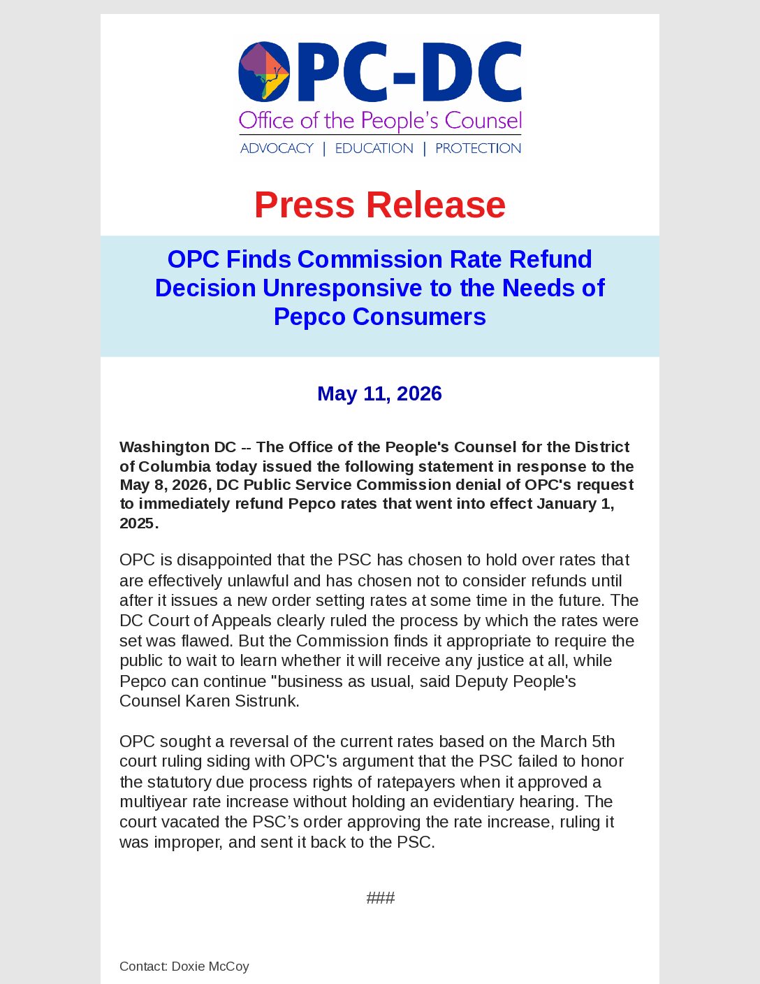 Press Release: OPC Finds Commission Rate Refund Decision Unresponsive to the Needs of Pepco Consumers